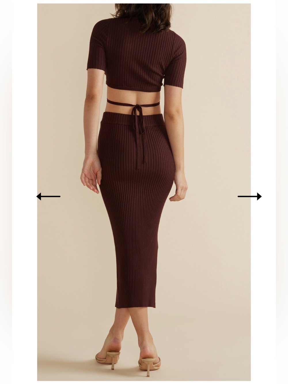 MINKPINK Set - Lynd Knit Ribbed Two-piece: Tie Crop Top & Midi Pencil Skirt - Picture 3 of 4